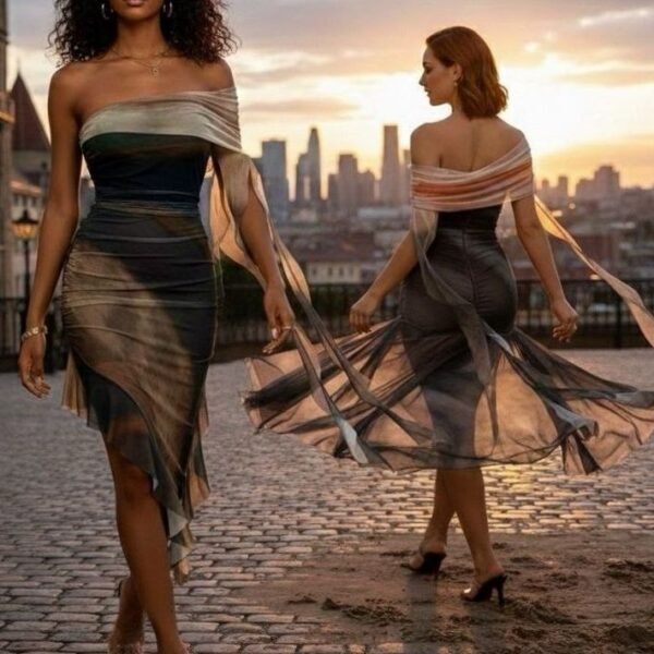 Aurora Asymmetric Mesh Midi Dress