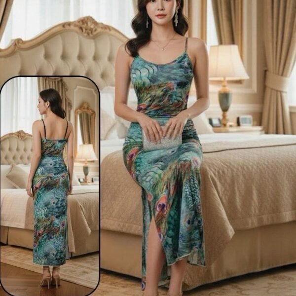 Elegant Peacock Print Maxi Dress