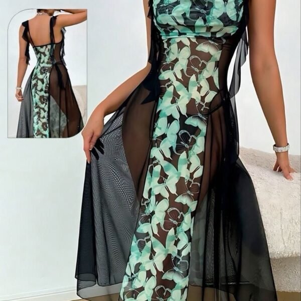 Stunning Butterfly Print Mesh Maxi Dress