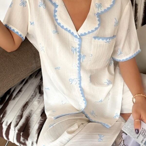 Elegant Bow-Print Short-Sleeve Pajama Set