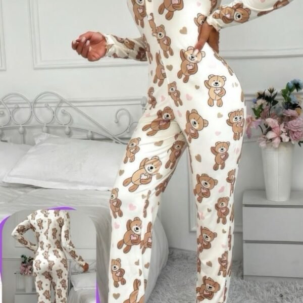 Cozy Teddy Bear Print Long-Sleeve Loungewear Jumpsuit