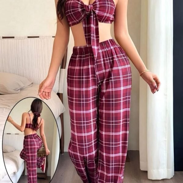 Trendy Plaid Tie-Front Loungewear Set