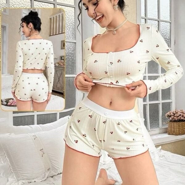 Sweet Cherry Print Ribbed Crop Top & Shorts Set