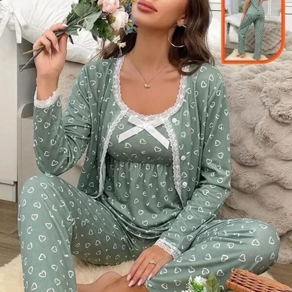 Women's Romantic 3-Piece Heart Print Sleepwear Set with Delicate Lace Trim