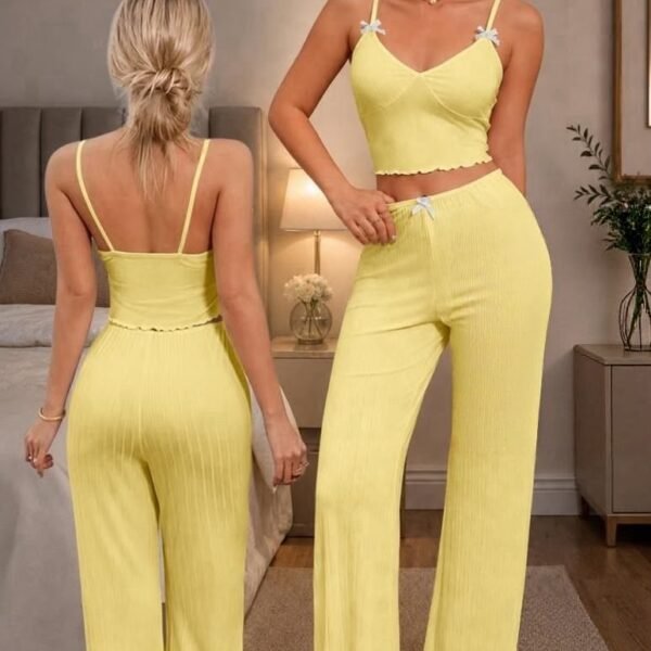 Women’s Rib-Knit 2-Piece Loungewear Set – Cami Top & Wide-Leg Pants