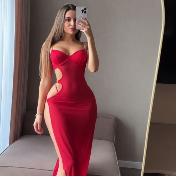 Red Underwire Ring-Detail Cutout High-Slit Maxi Dress