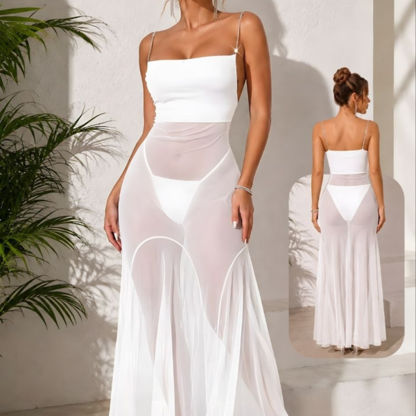 Rhinestone Strap Sheer Mesh Maxi Beach Cover-Up Dress - White