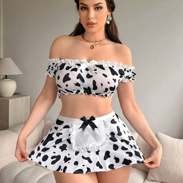 Cow Print Off-the-Shoulder Ruffled Lingerie Costume Set