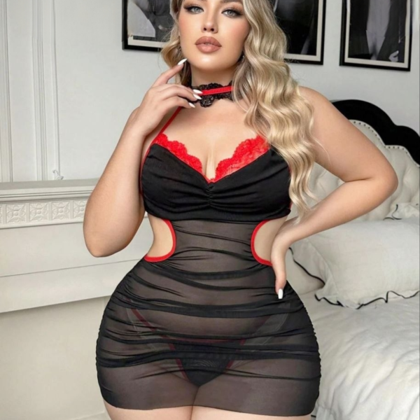 Black & Red Mesh Cutout Nurse Lingerie Set